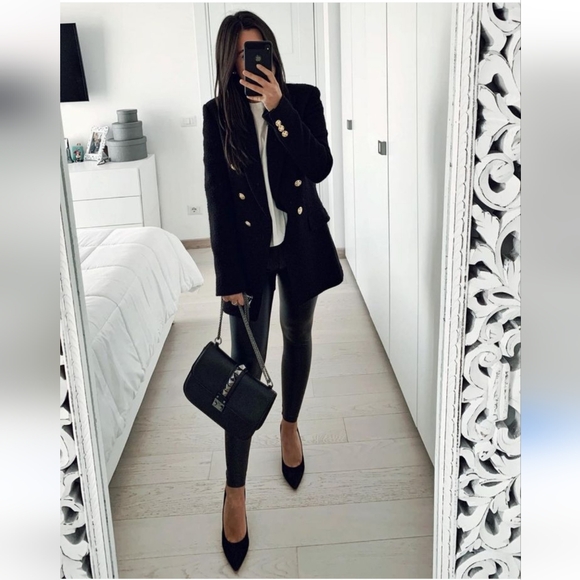 ZARA Tweed Textured Weave Double Breasted  Blazer Black - Picture 4 of 15